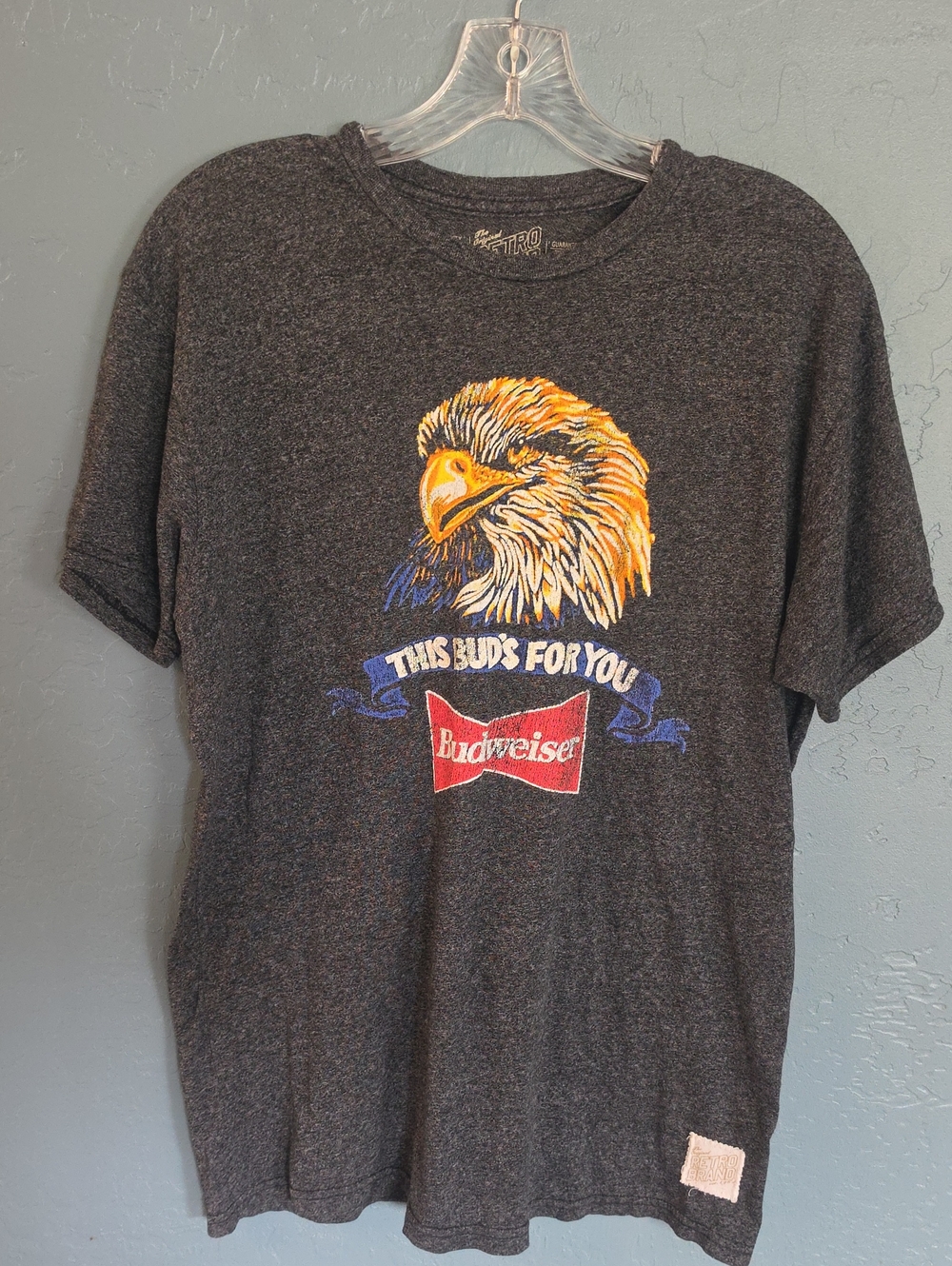 Bud Eagle Original Retro Brand Charcoal Tee with Yellow Eagle and Red Logo